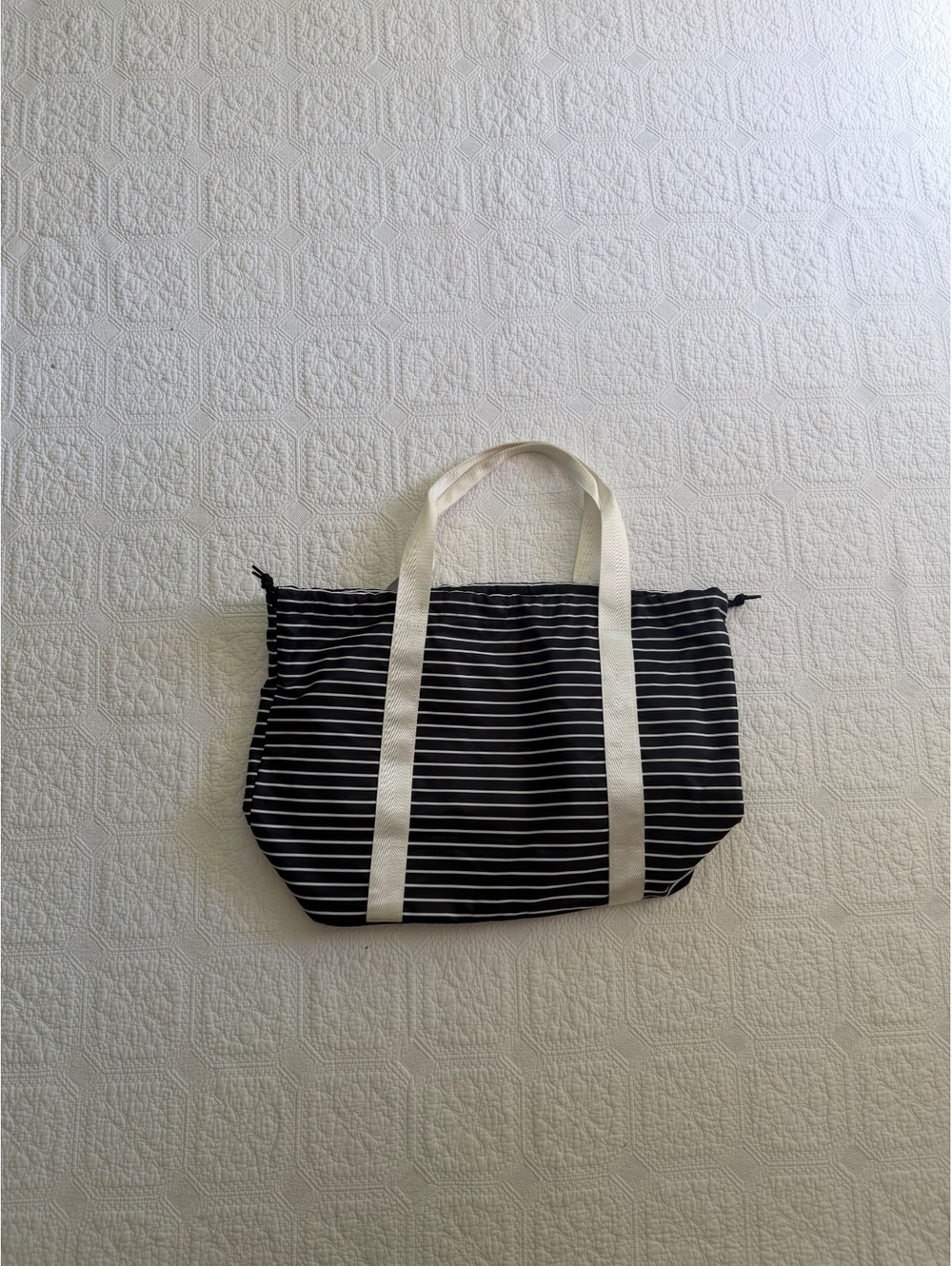 Black and White Striped Tote Bag with Drawstring Closure and